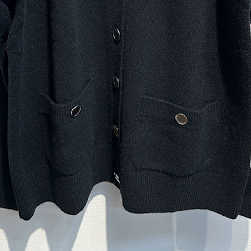 Luxury Retro Oversized Ladies Black Cashmere Cardigan, V-Neck Button Down Sweater With Embroidered Details, High Quality S0901