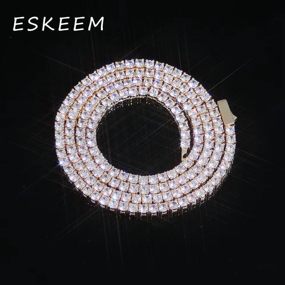 Women Jewelry 3mm4mm5mm VVS Moissanite Diamond Tennis Chain Spring Buckle White Gold 925 Sterling Silver Tennis Necklace