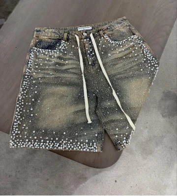 American fashion ins rhinestone jeans high street men and women casual trendy retro water washing casual straight shorts 250901