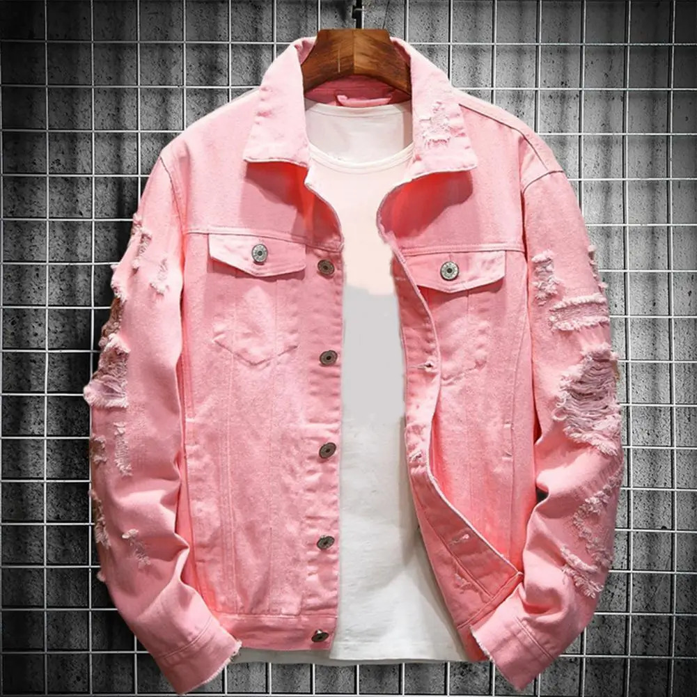 Stylish Men Jacket Ripped Hole Cool Denim Jacket Loose Buttons Denim Coat 250829