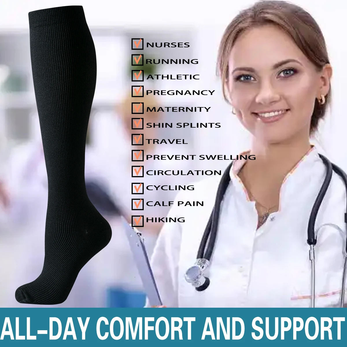 6 Pairs Solid Color Compression Socks Nurse Compression Socks Black Skin Color 250901