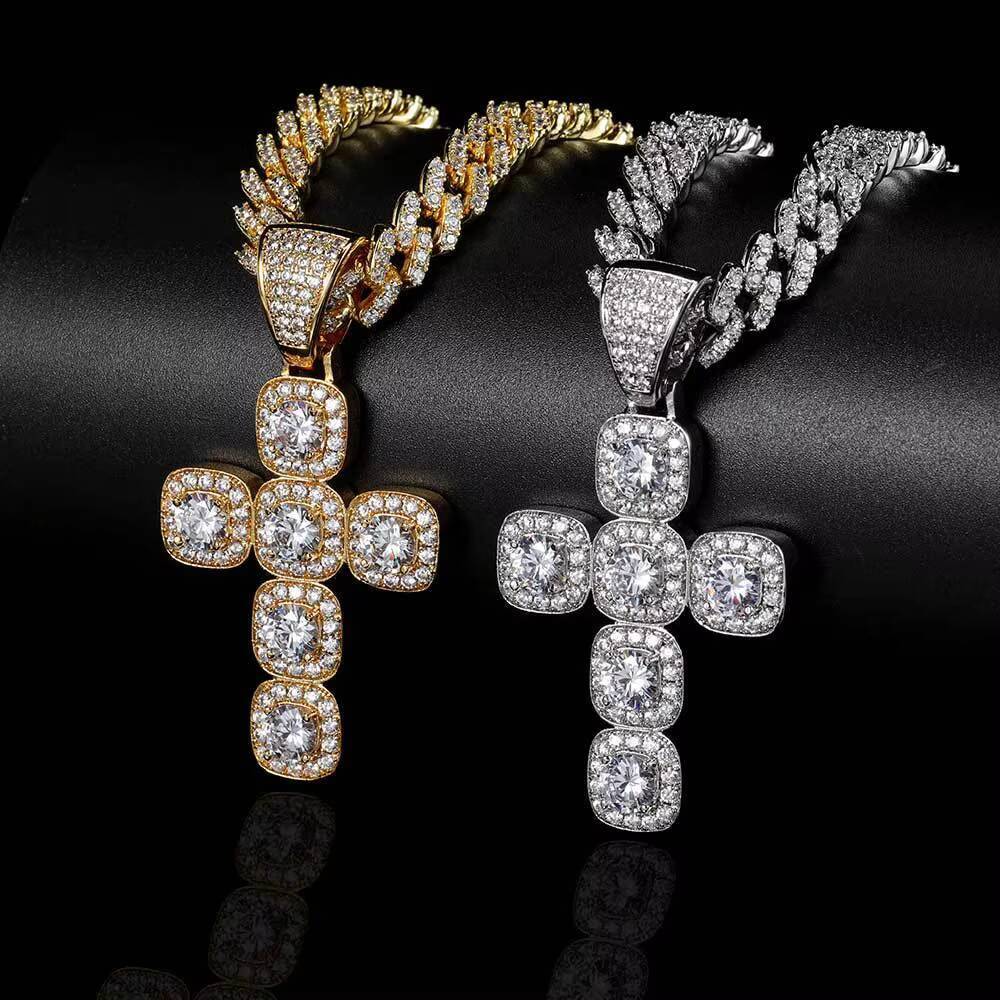 Men Bling Hip Hop Pendant Jewelry 18k Gold Plated Iced Out CZ Charms Baguette Cross Pendant Necklace