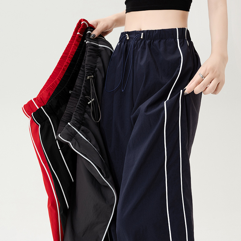 American Style QuickDry Cargo Pants for Women 2025 Summer Drawstring Jogger StraightLeg Loose Casual WideLeg Pants 241007
