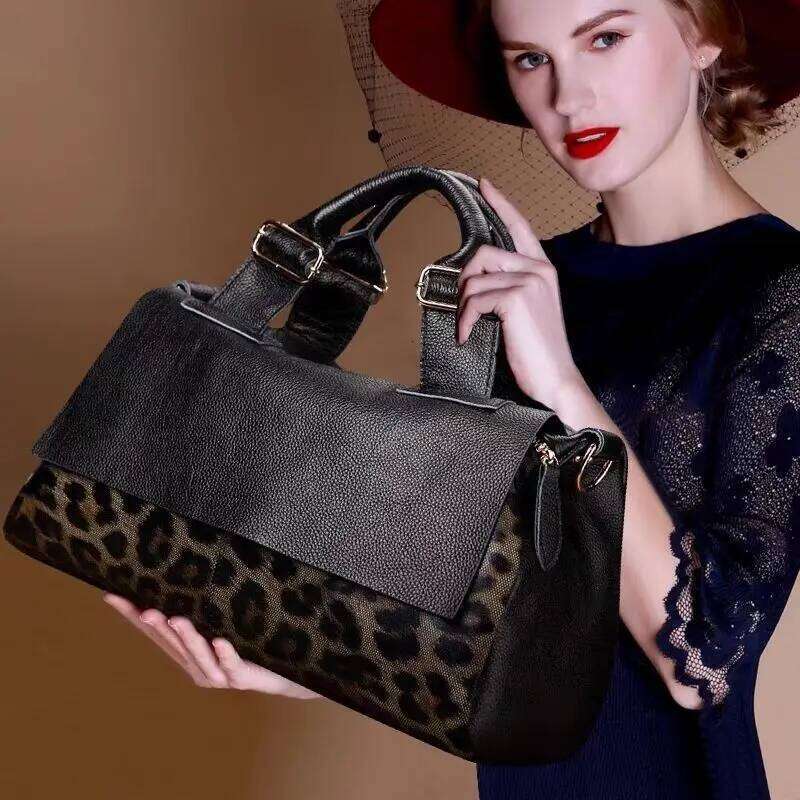 Soft Lychee Grain Cowhide Women Leopard Print One Shoulder Big Capacity Large Bag Lady Light Handbag High-End Package