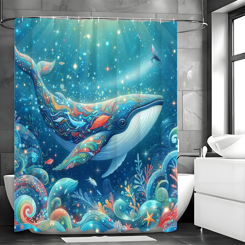 No-Drill Bathroom Divider: Creative Underwater World Blue-Green Whale Shower Curtain for Bathroom Privacy