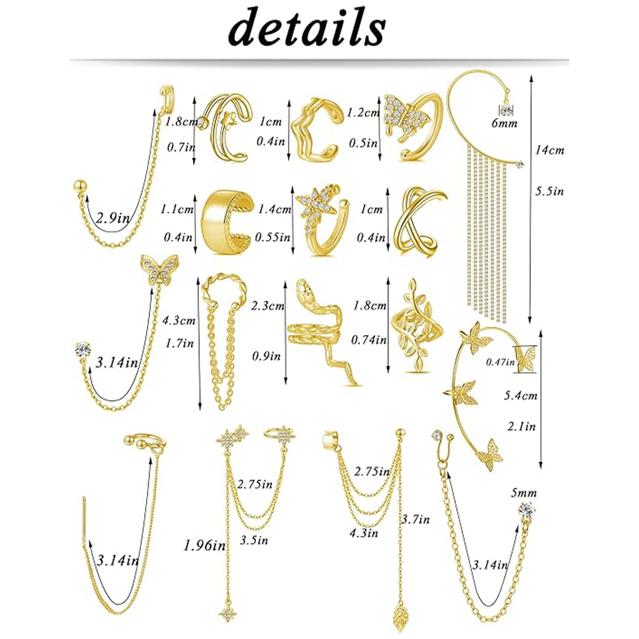 17Pcs Ear Cuffs Chain Earrings Snake Butterfly Leaf Non Piercing Clip on Earring Fake Helix Cartilage Earrings Ear Clip Jewelry Gold Tone
