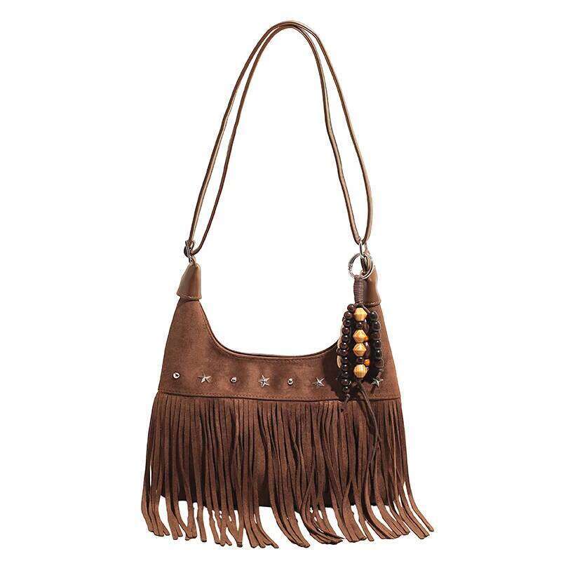 Vintage Fringe Crossbody Fashion Suede Handbag Trendy Tassel Crescent Bag For Women Work Shopping Travel Winter Fall