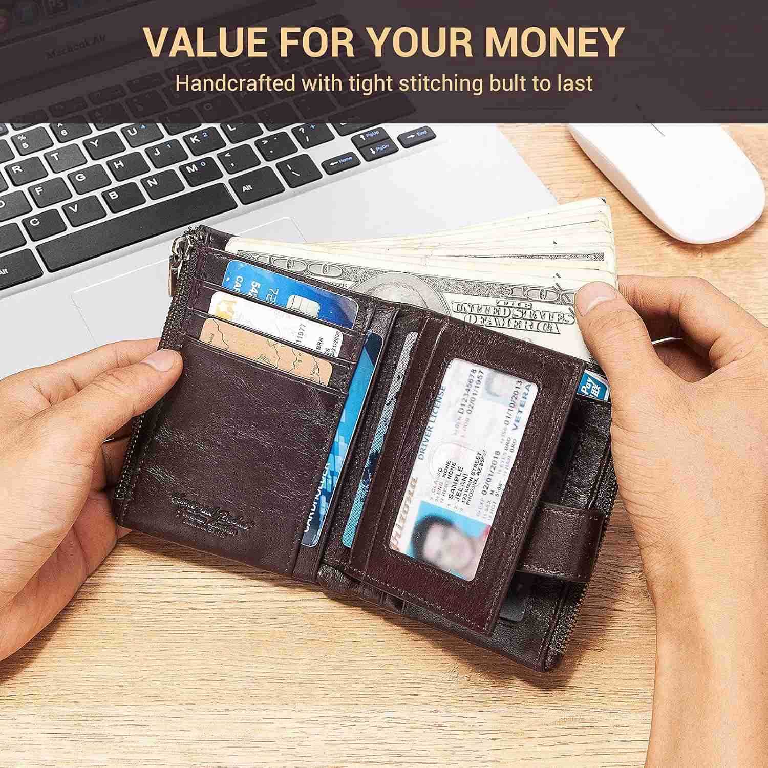 Chain Wallets RFID Wallets for Men Genuine Leather Wallet Zipper Bifold Wallet for Work Travel Outdoors With ID Window and Coin PurseZ250911