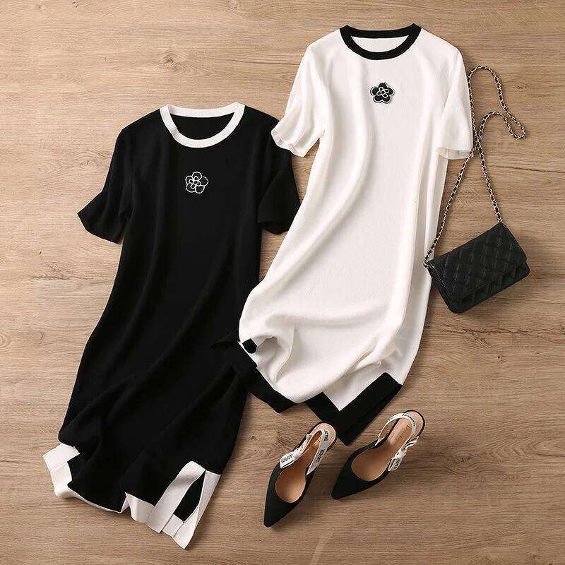 Summer Dresses Ladies 2025 Designer Rose Embroidery Split T Shirt Long Ice Silk Straight Maternity Dress Women's Clothing