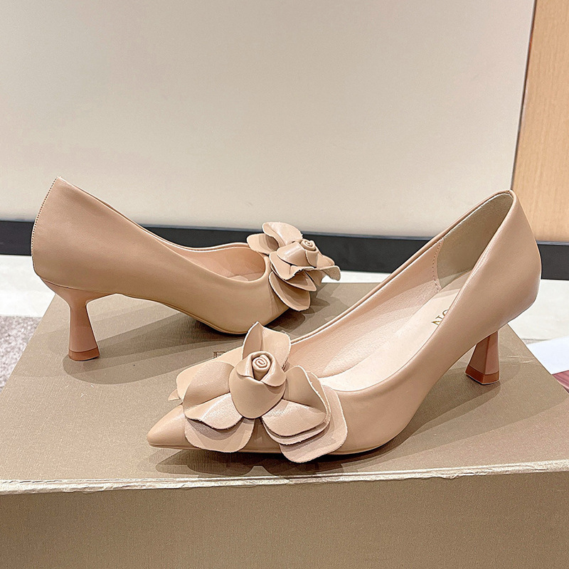 Designer Luxury Pointed-toe High Heels Sexy Women Sandals Comfortable Business Work Shoes High Appearance Solid Color Elegant Flower Decoration Hand-s