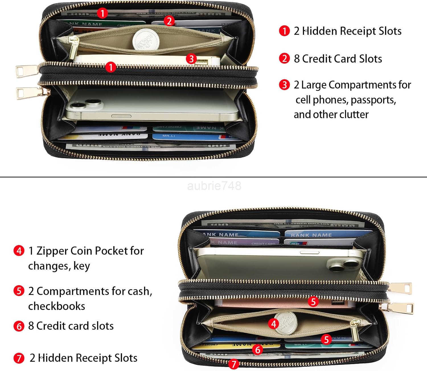 Womens Wallet Large Capacity Double Zip Ladies Card Phone Holder RFID Blocking Wristlet LeatherZ250911