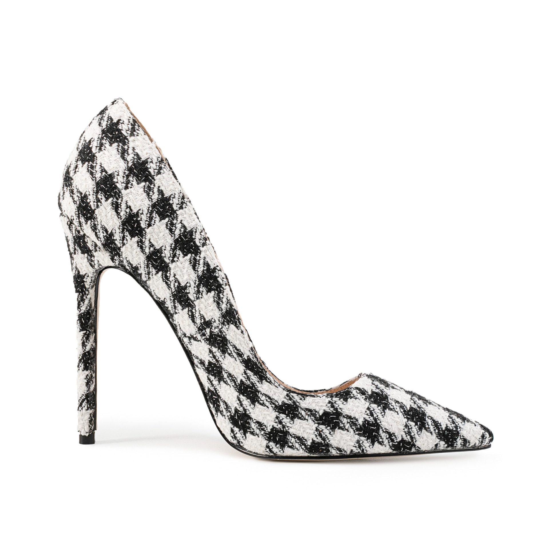 Chengdu Handmade Checkered Pointed Toe Stiletto Pumps - 12cm Runway Model Heels (Black/White) Party Performance Dress Shoes