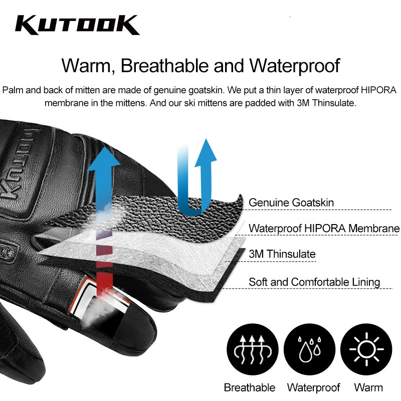 KUTOOK Outdoor Skiing Gloves Goatskin Leather Mittens Waterproof thicken Snowboard Thermal Warm Ski for Men Women 250901