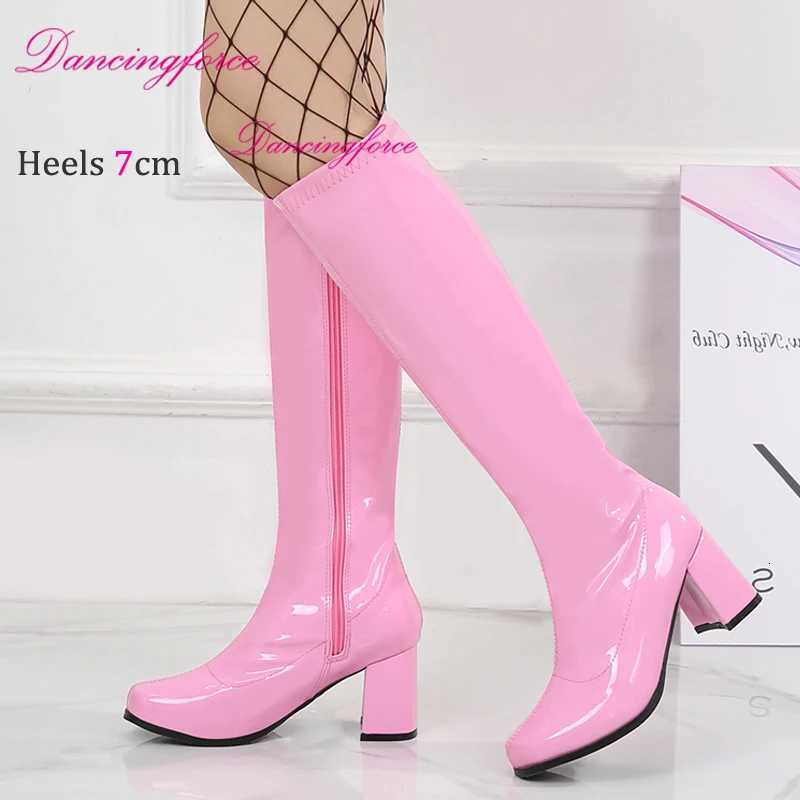 Red White Pink Patent Knee High Boots 60s 70s Go Boots Women Block Heels GoGo Halloween Party Dress Lady Shoes Square Toe W250902