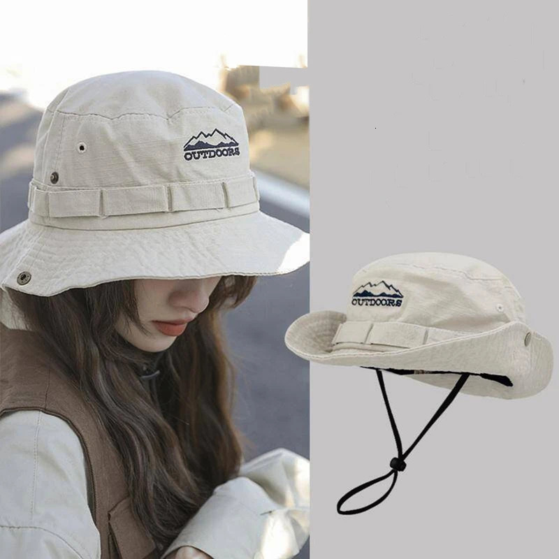 Unisex OUTDOIRS Mountain Range Embroidery Panama Fisherman Hat Outdoor Travel Hat Sunscreen Hats for Men Women Bucket Hat 250901