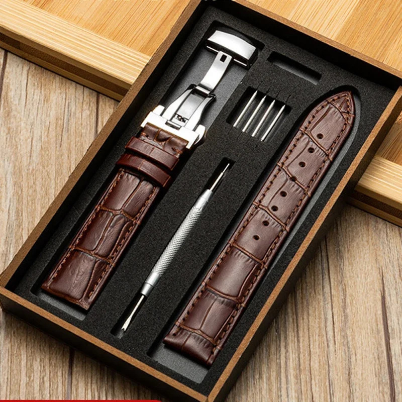 Watch Band with Wooden Box Butterfly Clasp Watchband Replacement Genuine Leather Strap 18mm 20mm 22mm Bracelet Watch Accessories 250902