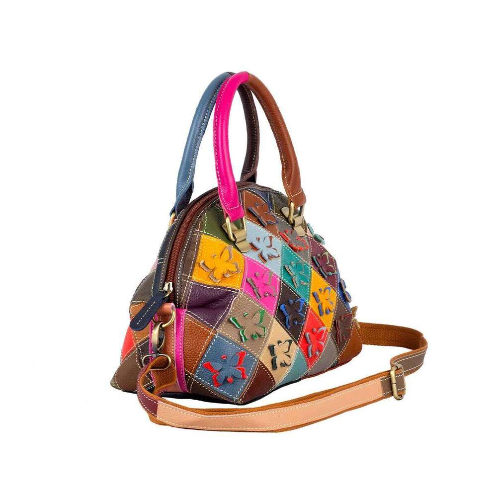 Genuine Cowhide Handmade Colorful Butterfly Flower Pattern Shell Casual Trendy Shoulder Handbag Women's Bag