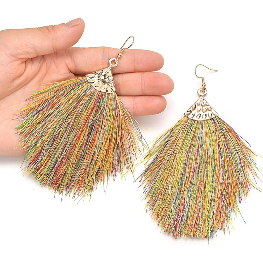 6 Pairs Layered Tassel Statement Earrings Bohemian Multi Colors Long Feather Tiered Thread Tassel Fan Fringe Dangle Drop Earrings Handmade for Women