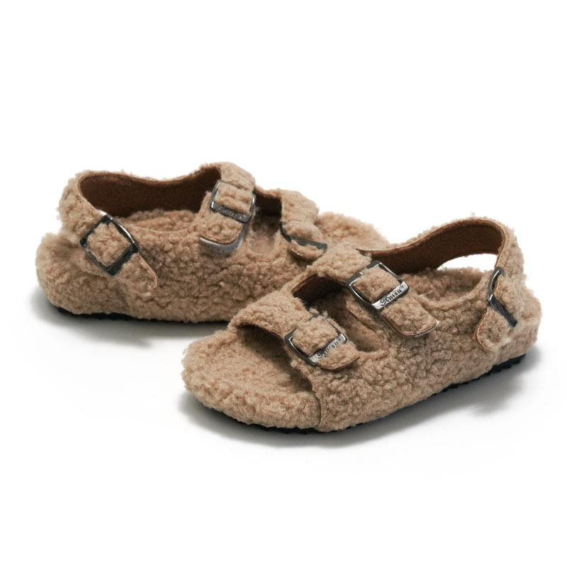 2025 Autumn Winter New Furry Kids Cork Sandals Fashion Warm and Comfortable Boys Girls Buckle Closure Sandals