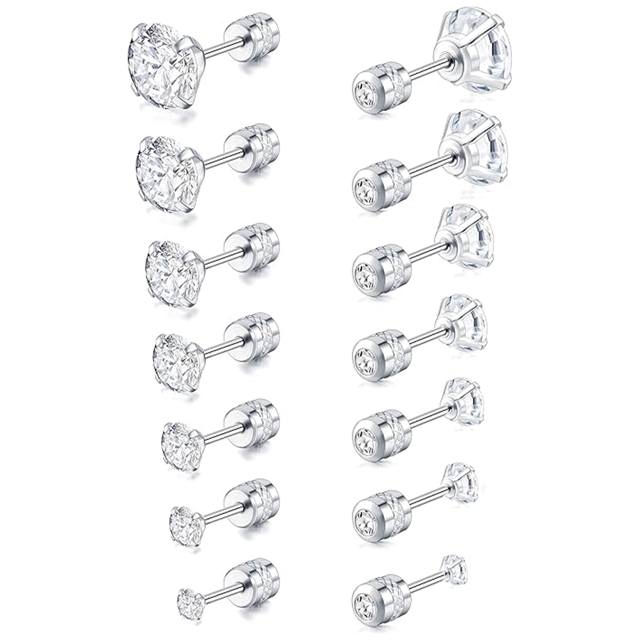 7 Pairs 20G Stainless Steel Stud Earrings Screw Back Round Cubic Zirconia Barbell Earring Set 2MM-8MM Silver Tone