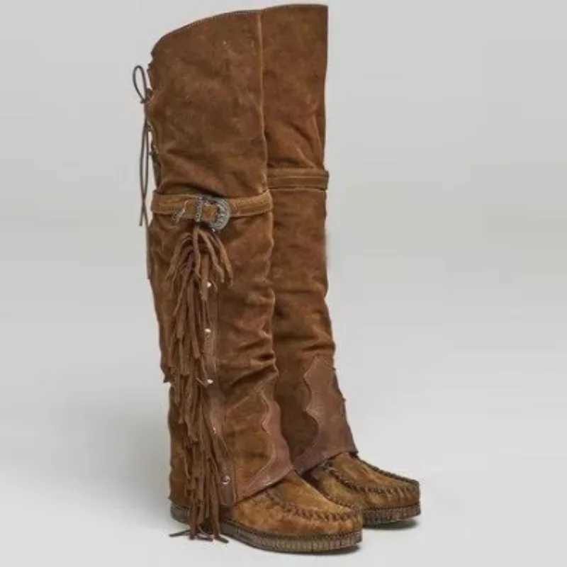 Fashion Bohemia Kneelength Women Boots Ethnic Personality High Boots Tassels Faux Suede Boots Girl Flat Bottom Long Botas Mujer W250902
