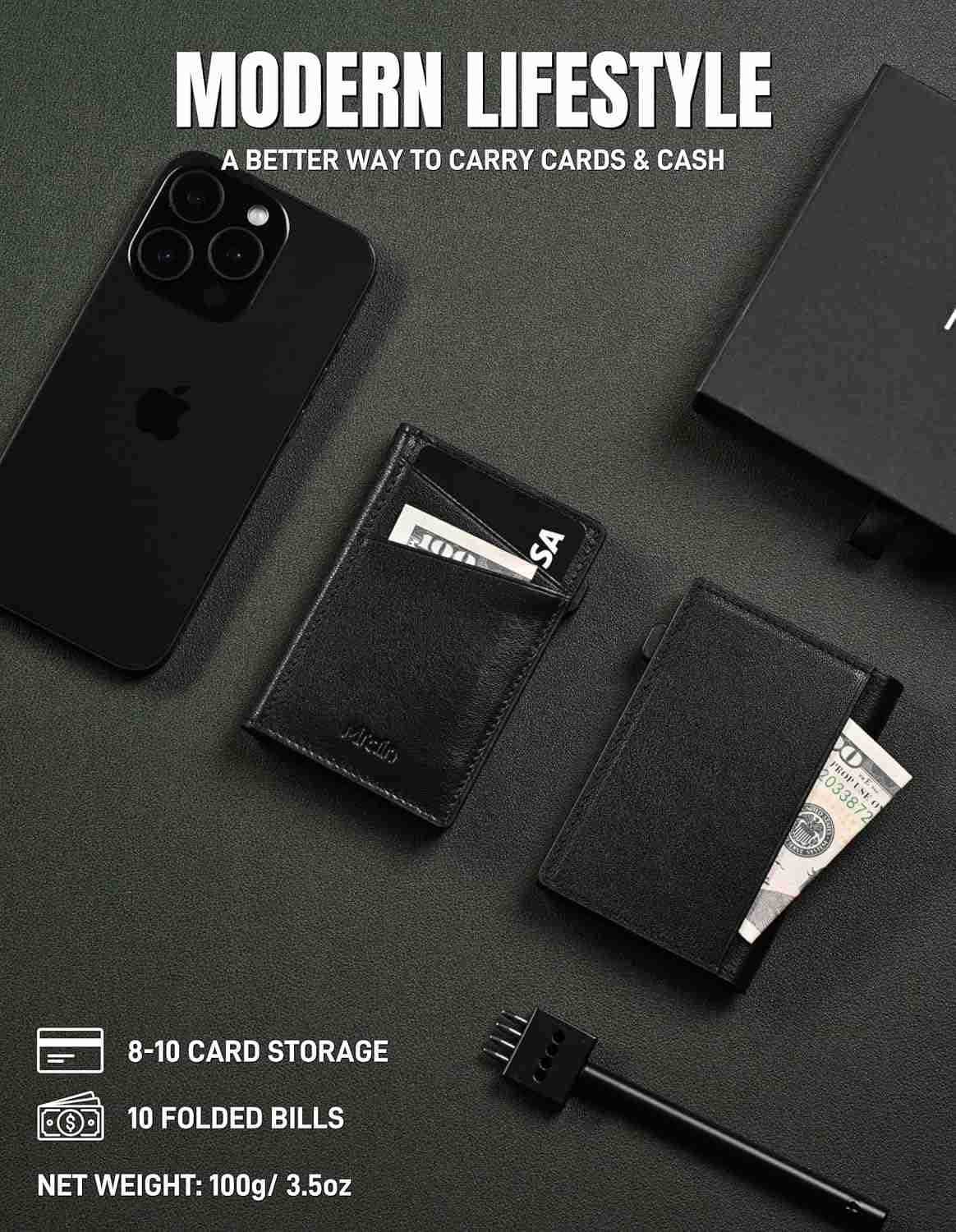 Mens Slim Premium Leather Wallet Pop Up Card Holder RFID Blocking Metal Wallet with Push Button Minimalist Design for CARD Holder Magnetic Closure Bla