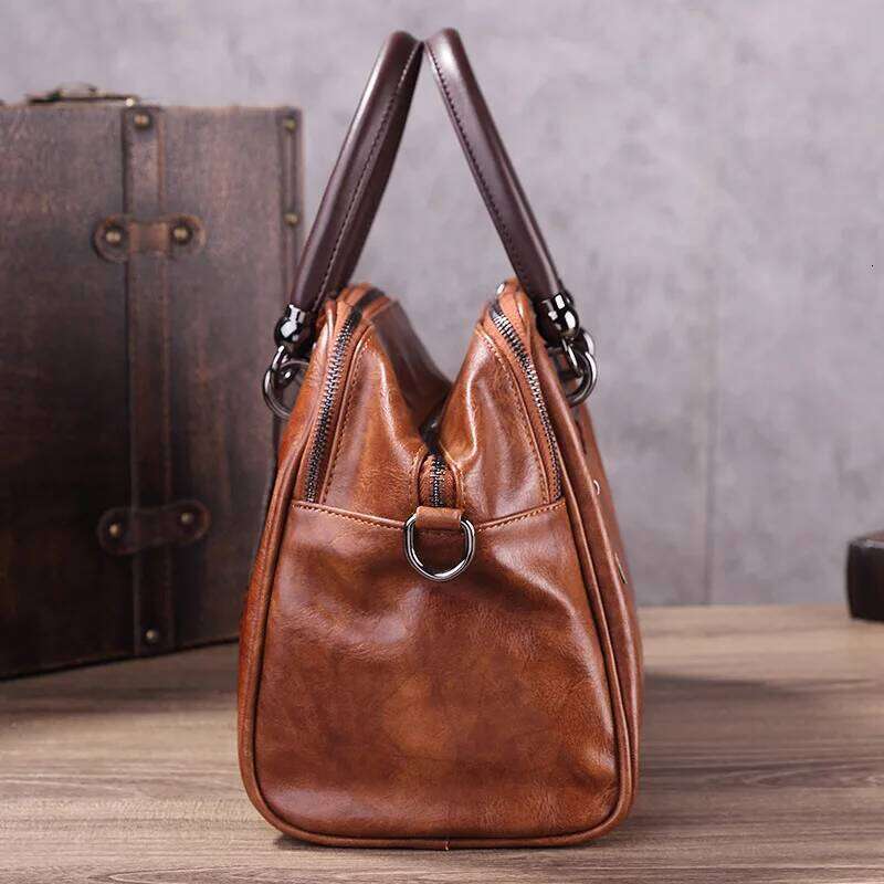 Vintage Leather Crossbody Women's Emed Handmade Tote Shoulder Bag Large Capacity Anti-Theft Purse