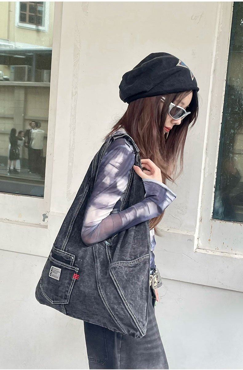 autumn new washed denim bag with large capacity under the armpit for lazy people niche design versatile fashion handbag designer atmosphere shoulder b