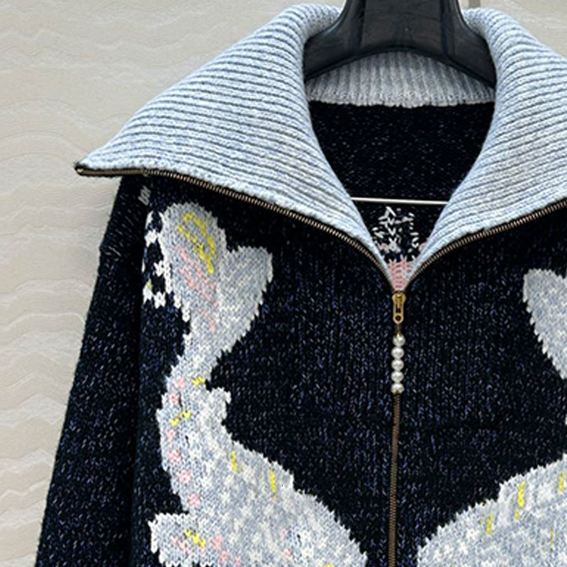 Versatile Chic Fall New Ladies Black Jacquard Zip Up Jacket Classic Trendy Lapel Knit Coat With Detailed Embroidery Casual Elegant Clothing S0903