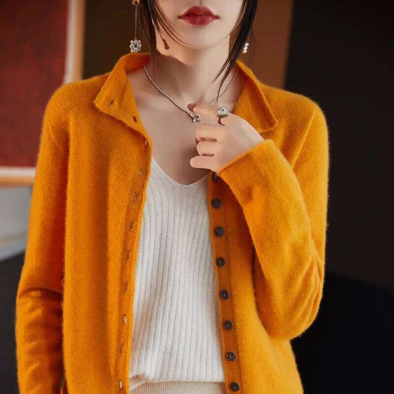 Autumn Winter 100% Wool Thicken Shirt Sweater Women Curled Round Neck Knitted Cardigan Female Multi Buckle Casual Warm Soft Top 050902