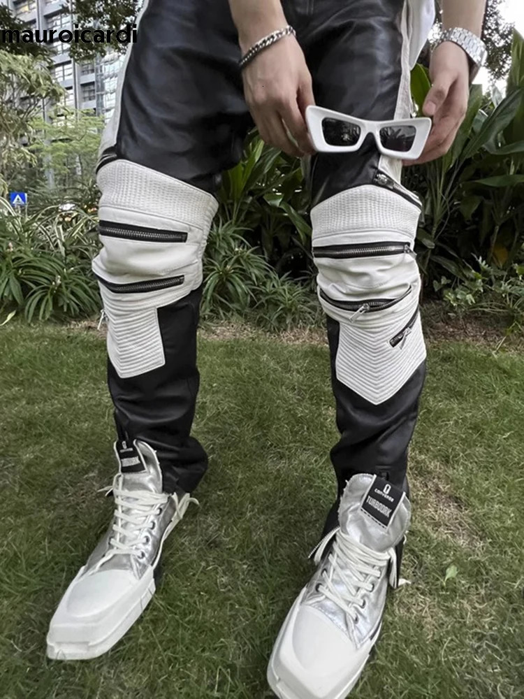 Mauroicardi Autumn Long Skinny Stretchy Whit and Black Patchwork Pu Leather Pants for Men Many Zippers Clothes 250901