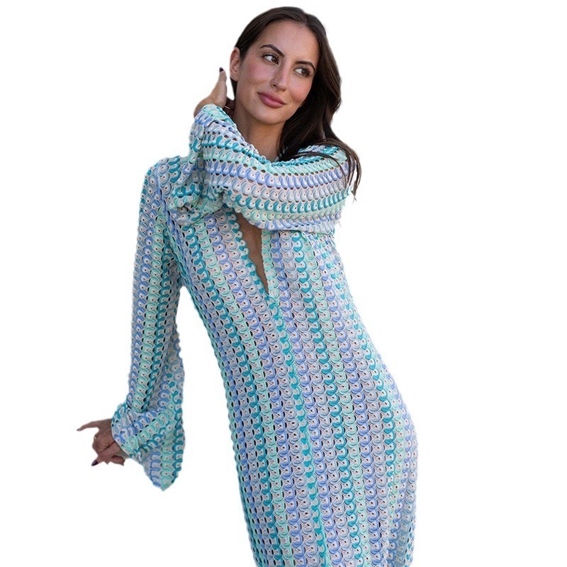 Stripped Knitted V-neck long Sleeve Midi Dresses Female Crochet Bodycon Vestido Women Fashion Casual Chic Beach Street Robe 240808
