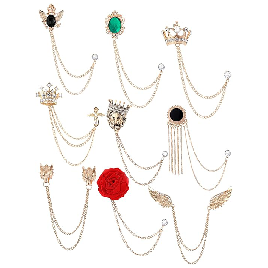 9Pcs Tassel Chain Brooch Collar Pins Rose Flower Rhinestone Angel Wings Wolf Head Hanging Chains for Suit Lapel Tuxedo Shirts Tie Brooch Pin Fashion J