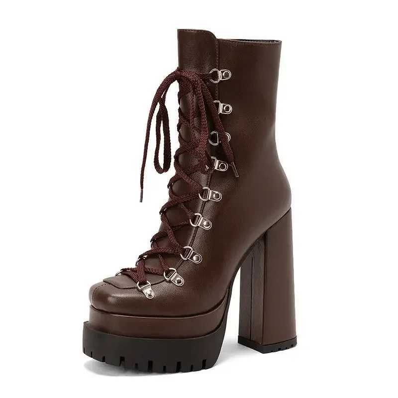 Modern Western Mature Punk Goth Female Winter Super Block High Heeled Shoes Square Toe Laceup Platform Heels Boots W250902