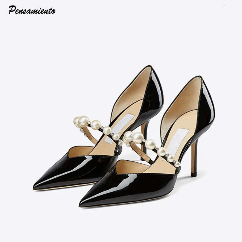 Star style Pearls s Patent Leather Women Pumps Elegant Pointed toe Thin High heels Female Party Wedding Shoes 250902