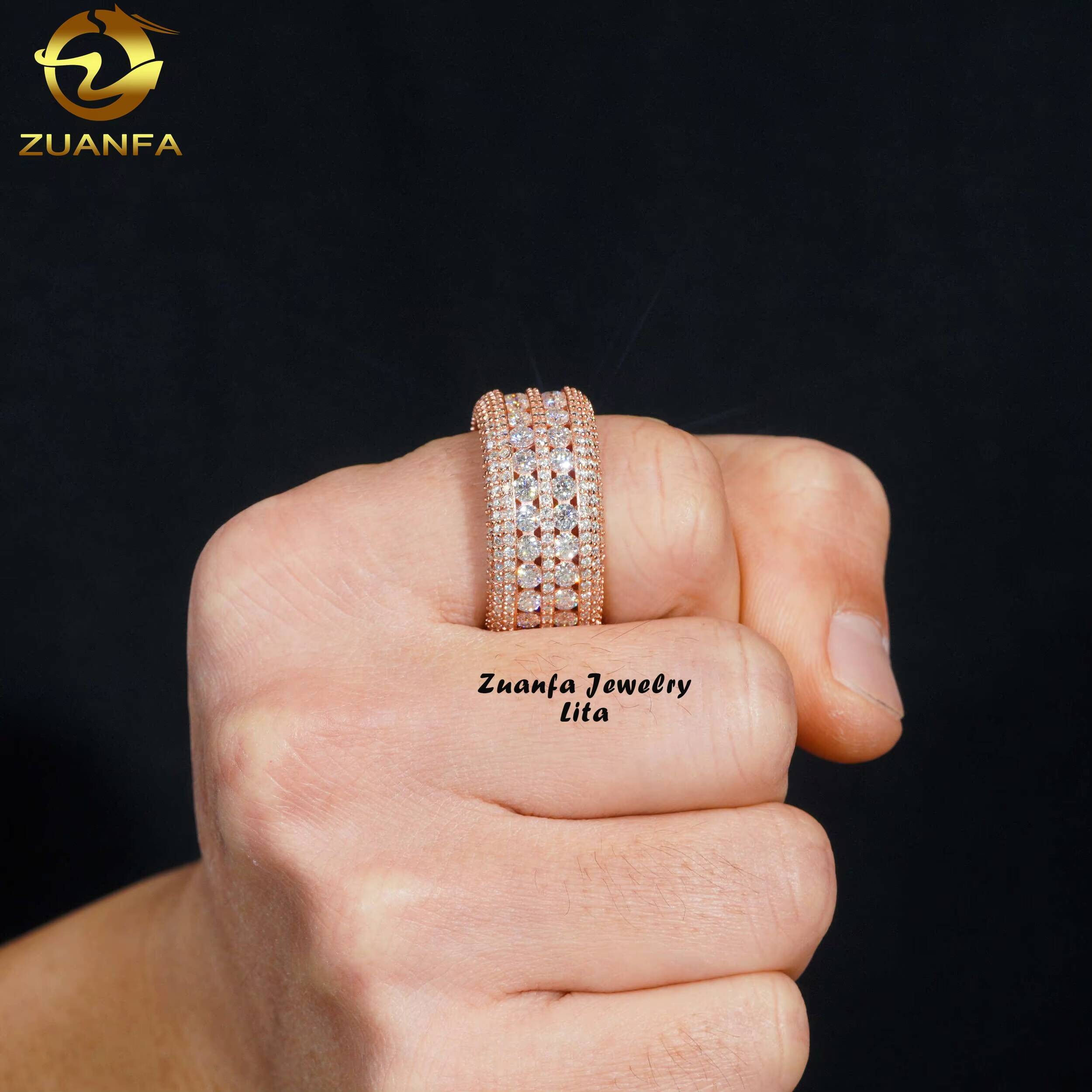 Custom Made Rose Gold Men Hip Hop 925 Sterling Silver Iced Out Moissanite Eternity Ring