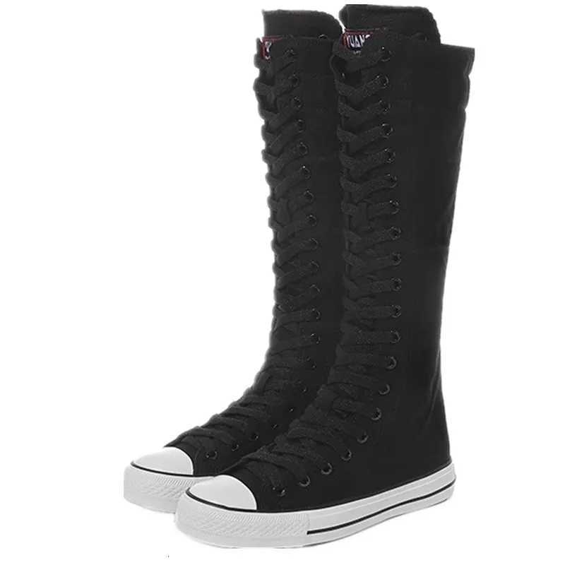 Canvas Long Boots for Women High Top Women Canvas Shoes Lace Up Knee High Boots Flats Casual Vulcanized Shoes Sneakers Girls W250902