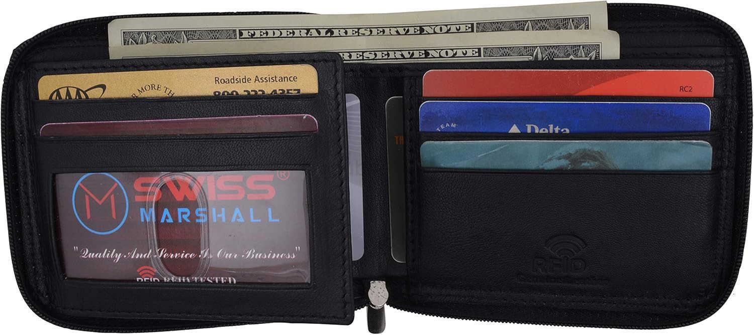 Mens Zipper RFID Blocking Premium Leather ZipAround ID Bifold Wallet BlackZ250911