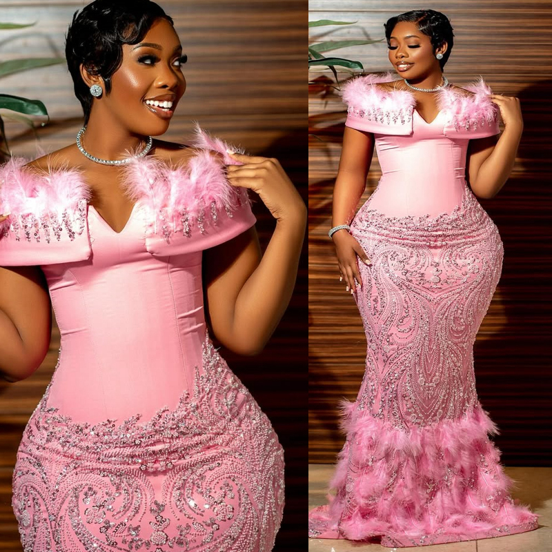Plus Size Pink Aso Ebi Prom Dress 2025 Evening Dresses Formal Gowns Off Shoulder Feather Beaded Lace Illusion Birthday Dress Second Reception Gown AM2787