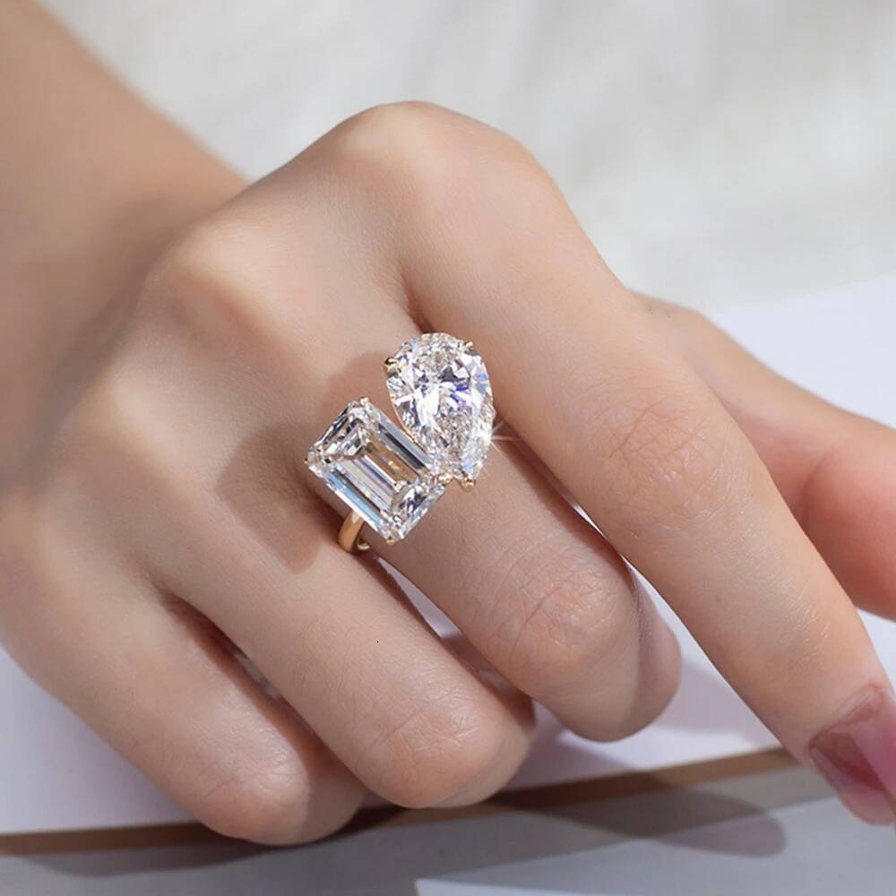 5cttw PearEmerald Cut Moissanite Diamond Engagement Rings for Women Two Stone 925 Sterling Silver Wedding Band with Certificate