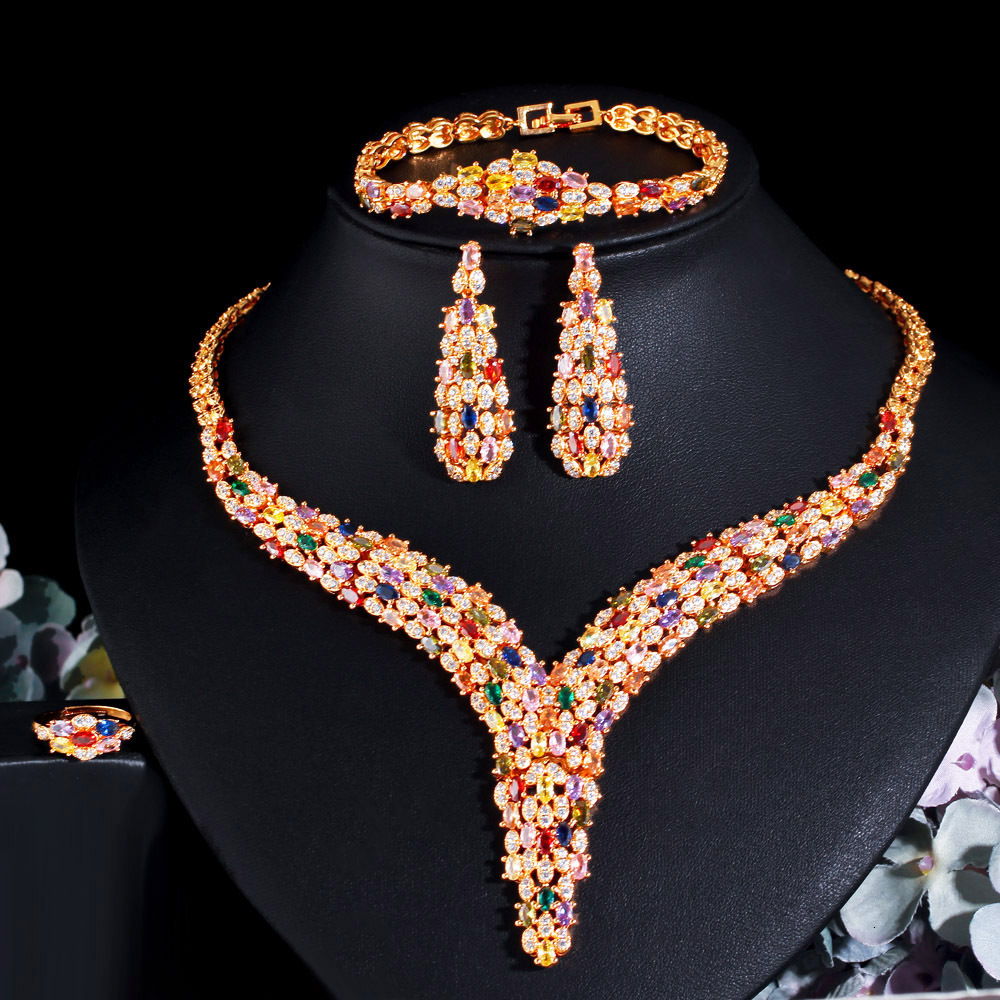 Full Diamond Colorful Collarbone Chain Earring Set Dress Evening Bridal Exaggerated Zircon FourPiece Set