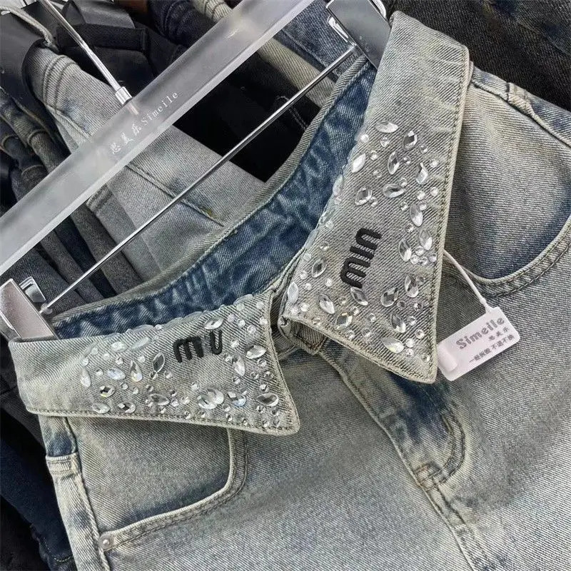 Vintage Fashion High Waist Diamonds Aline Skirt Female Trend Sexy Pocket Women Clothing Fashionable Distressed Mini Dress 250902