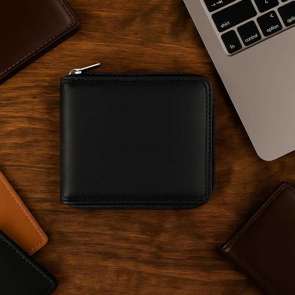Mens Zipper RFID Blocking Premium Leather ZipAround ID Bifold Wallet BlackZ250911