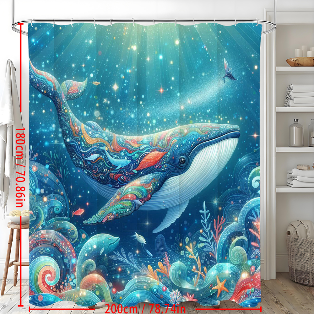 No-Drill Bathroom Divider: Creative Underwater World Blue-Green Whale Shower Curtain for Bathroom Privacy