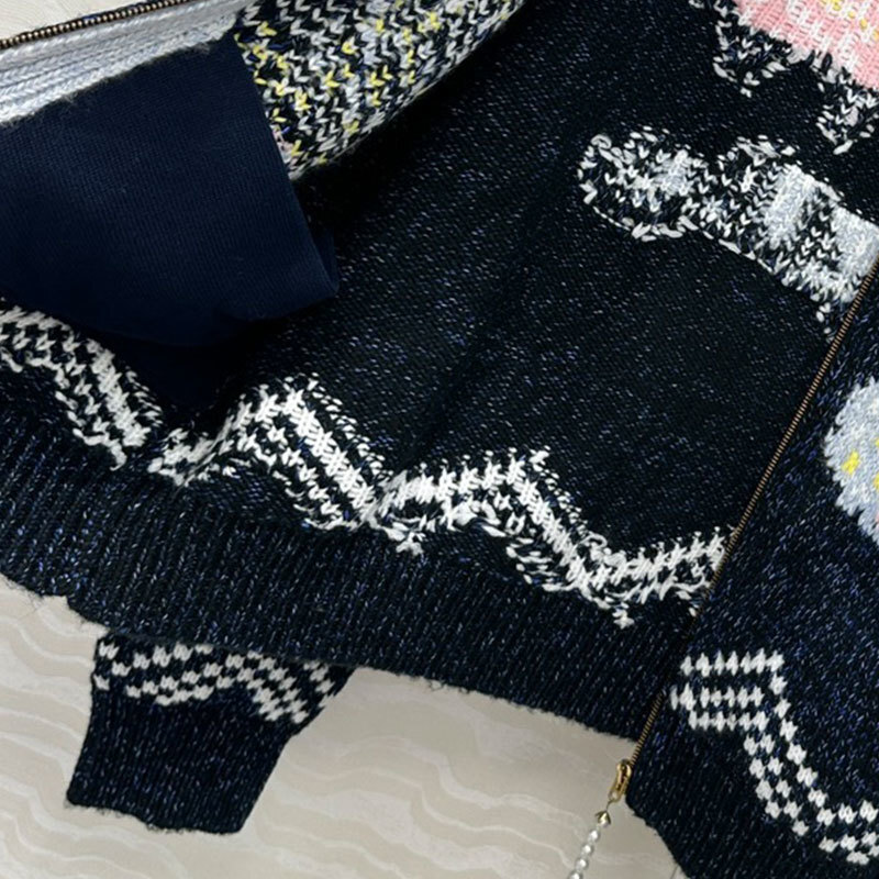 Versatile Chic Fall New Ladies Black Jacquard Zip Up Jacket Classic Trendy Lapel Knit Coat With Detailed Embroidery Casual Elegant Clothing S0903