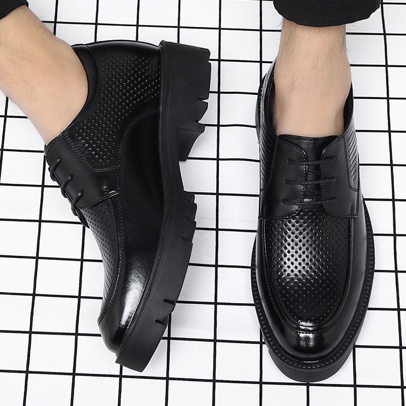Men's high-heel leather shoes with 10cm height increase Men's hollowed-out business formal dress shoes with large toe. Gentleman's brea