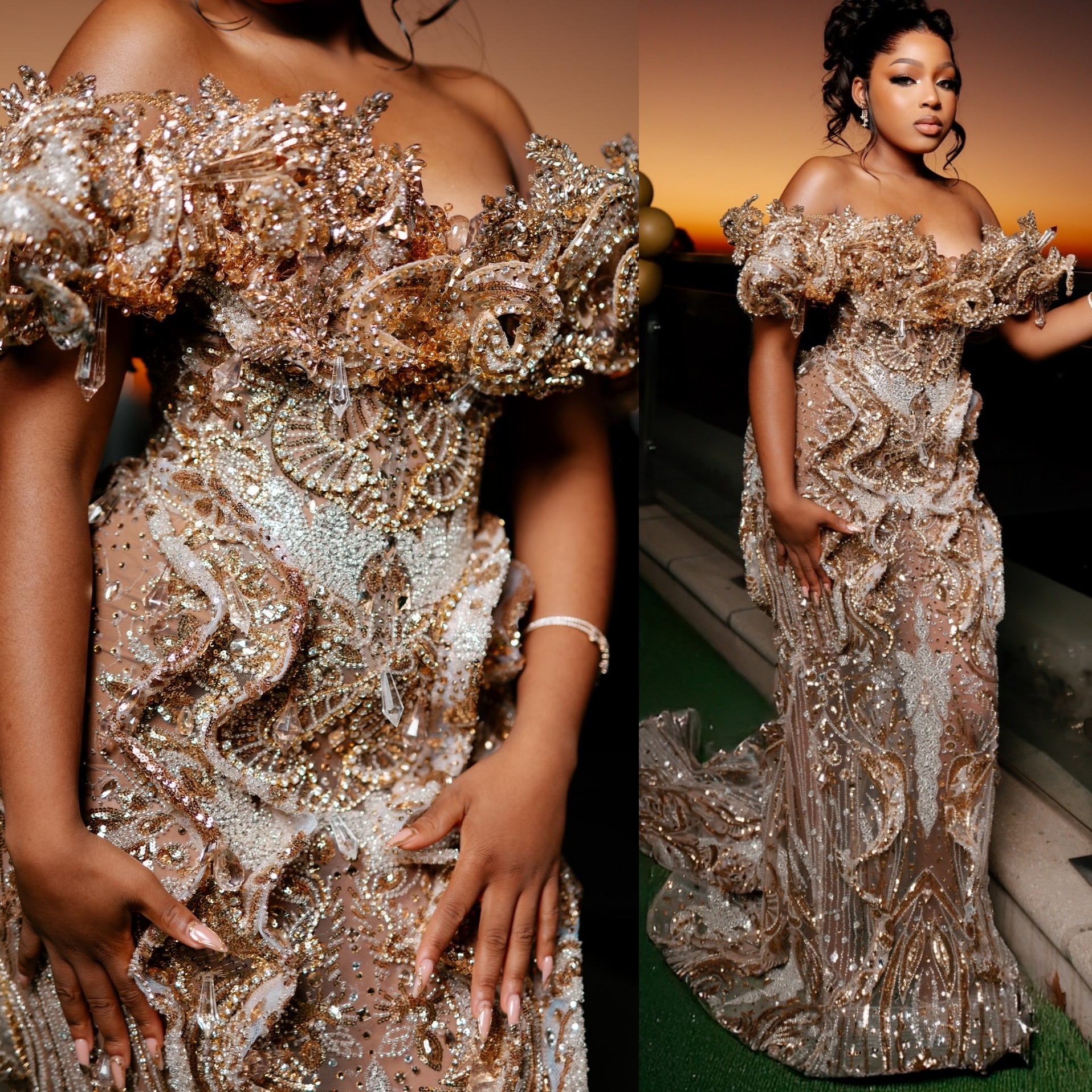 Aso Ebi Gold Mermaid Prom Dresses 2025 Beaded Crystals Ruffles Evening Formal Party Second Birthday Engagement Gowns Plus Size Dress For Special Occas