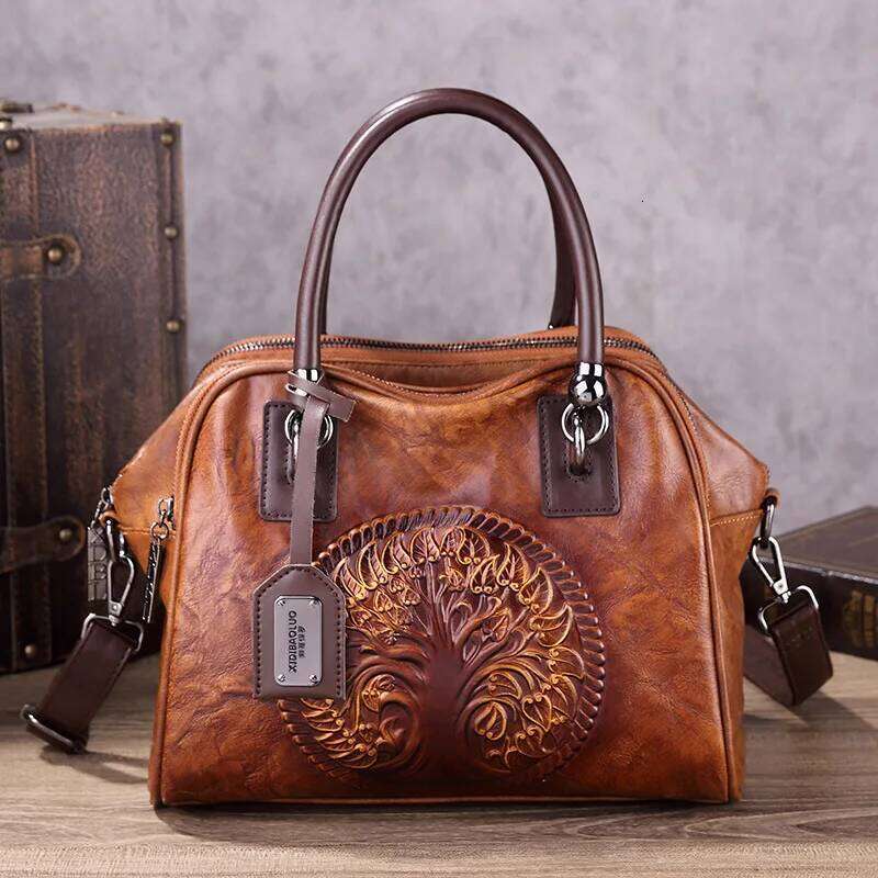 Vintage Leather Crossbody Women's Emed Handmade Tote Shoulder Bag Large Capacity Anti-Theft Purse