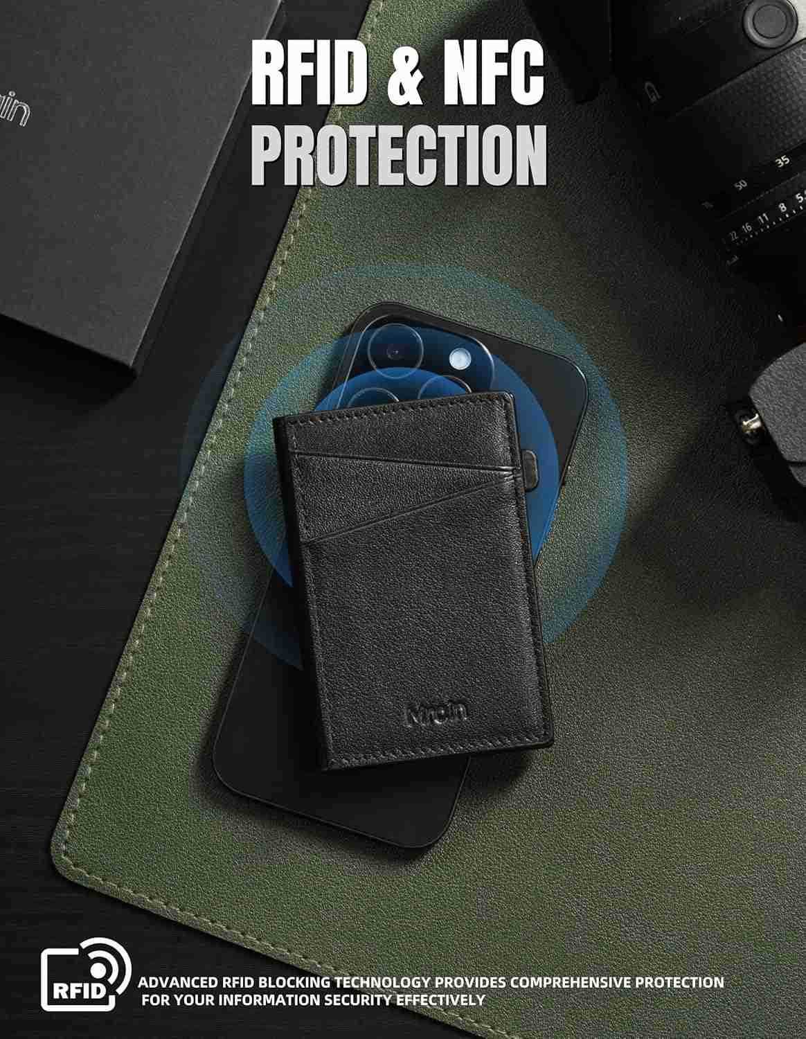 Mens Slim Premium Leather Wallet Pop Up Card Holder RFID Blocking Metal Wallet with Push Button Minimalist Design for CARD Holder Magnetic Closure Bla