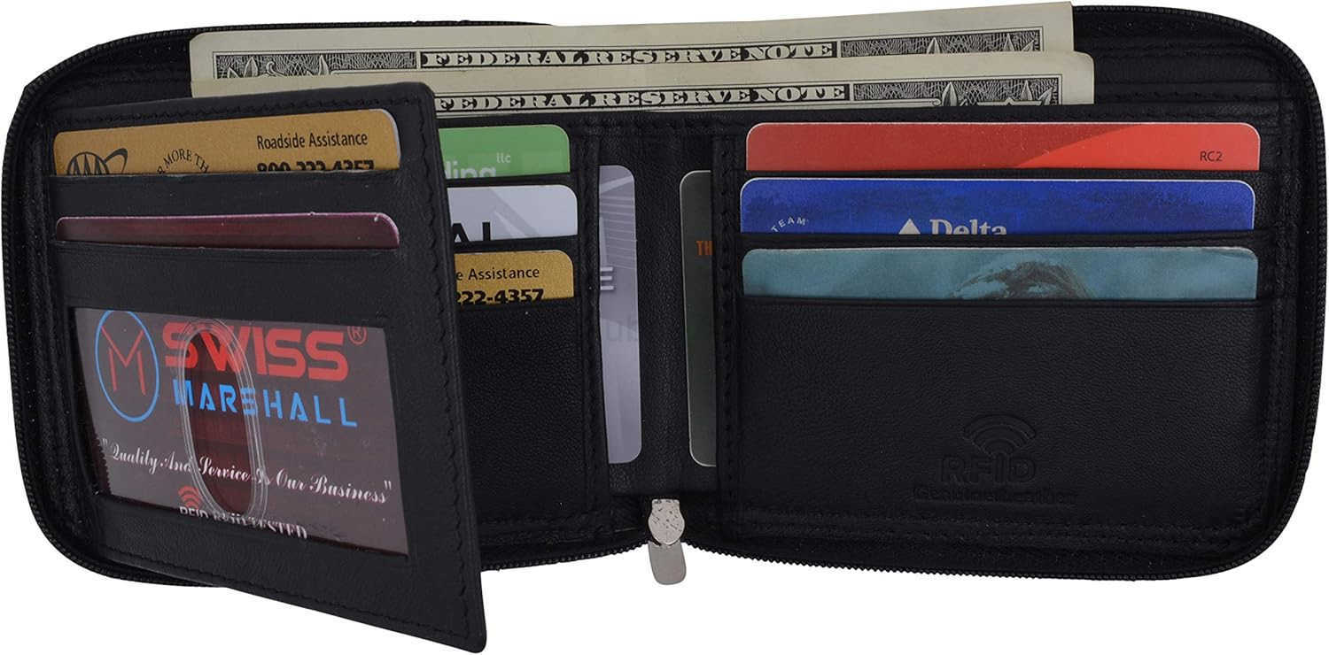Mens Zipper RFID Blocking Premium Leather ZipAround ID Bifold Wallet BlackZ250911